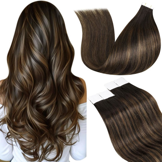 Picture of LaaVoo Tape in Hair Extensions 24 Inch Hair Extensions Real Human Hair Tape in Balayage Ombre Dark Brown to Light Brown Human Hair Tape in Extensions Double Sided 20pcs 50g