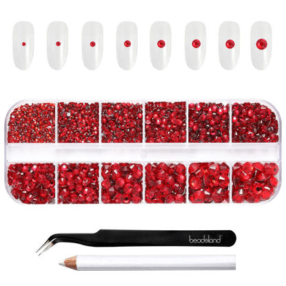 Picture of Beadsland Rhinestones for Makeup,8 Sizes 2500pcs Red Flatback Rhinestones Eye Gems for Nails Crafts with Tweezers and Wax Pencil,Siam,SS4-SS30