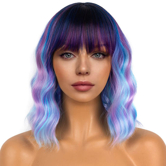 Picture of LANCAINI Colourful Short Bob Wigs with Bangs for Women Loose Wavy Wig Curly Wavy Shoulder Length Bob Synthetic Cosplay Wig for Girl Colorful Costume Wigs (Colourful-1)