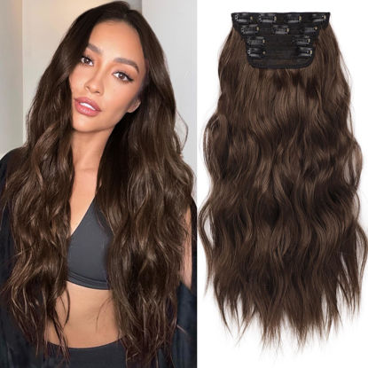 Picture of KooKaStyle Hair Extensions Long Wavy 4PCS Thick clip in hair extensions Hairpieces Chocolate Brown Fiber Double Weft Natural Synthetic Hair Extensions 20 Inch for Women