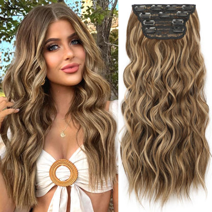 Picture of KooKaStyle Hair Extensions Medium Brown mix Caramel Blonde Clip in Synthetic Highlight Hair Extensions Long Wavy 4PCS Thick Hairpieces 20 Inch for Women