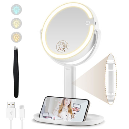 Picture of MOMOKUBA Makeup Mirror with Lights, Double Sided 1x/20x Magnifying Mirror with Light, Rechargeable 3 Color Lights and Adjustable Brightness, 360° Rotation Detachable Comes with Tweezer(White)
