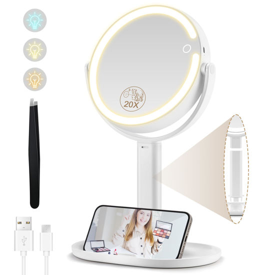 Picture of MOMOKUBA Makeup Mirror with Lights, Double Sided 1x/20x Magnifying Mirror with Light, Rechargeable 3 Color Lights and Adjustable Brightness, 360° Rotation Detachable Comes with Tweezer(White)