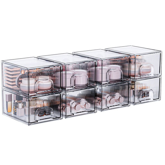 Picture of ZJIAI 8 Pack Clear Stackable Storage Drawer, Acrylic Drawer, Cosmetic Organizer, Plastic Organizer for Dresser, Under, Kitchen Cabinet, Pantry, Home Organization and Storage