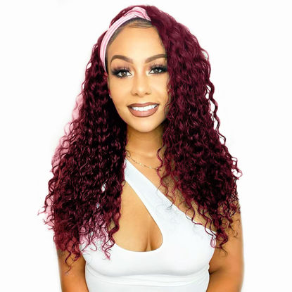 Picture of Red Burgundy Headband Wigs Human Hair Deep Wave 16 Inch None Lace Front Wigs Curly Human Hair Headband Wig Glueless Machine Made Deep Wave #99J Headband Wig for Black Women 150% Density