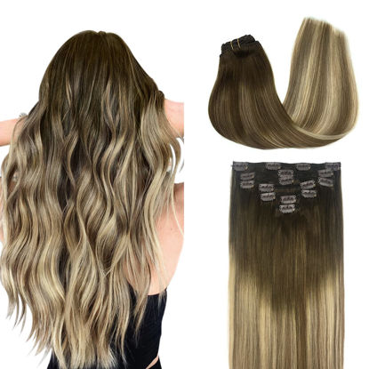 Picture of DOORES Remy Hair Extensions Clip in Balayage Walnut Brown to Ash Brown and Bleach Blonde 120g 7pcs 14 Inch Clip in Human Hair Extensions Real Hair Extensions Natural Straight
