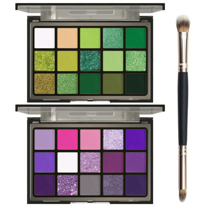 Picture of UCANBE 2pcs Eyeshadow Palette Makeup Set, Green Purple Color Shimmer Matte Metallic Eye Shadow Pallet with Soft Brush Eye Make Up Kit for Halloween Cosplay Costume Beetlejuice Medusa Poison Ivy Ursula