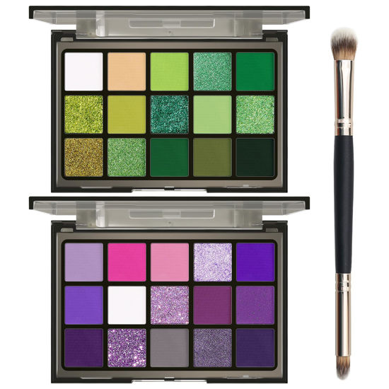 Picture of UCANBE 2pcs Eyeshadow Palette Makeup Set, Green Purple Color Shimmer Matte Metallic Eye Shadow Pallet with Soft Brush Eye Make Up Kit for Halloween Cosplay Costume Beetlejuice Medusa Poison Ivy Ursula