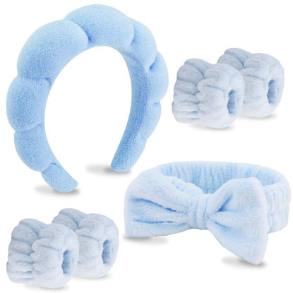 Picture of VELSCRUN 6 Pack Spa Headbands - Makeup, Face Wash, Skincare Hair Accessories With Blue Sponge Bow Tie Wristbands, Women's Gift Set