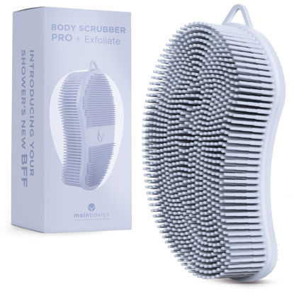 Picture of MainBasics Exfoliating Silicone Body Scrubber Pro 2-in-1 Shower Scrubber for Body, Silicone Loofah and Body Exfoliator (Light Blue, Body + Exfoliate)