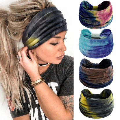 Picture of Wide Headbands for Women Tie Dye Head Wraps Boho Thick Hairbands Large African Sport Yoga Turban Headband Hair Accessories (Pack of 4)