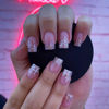 Picture of 24 Pcs Christmas Press on Nails Medium Square Pink Fake Nails White Snowflake Pattern Glitter Designs French Nails Glossy Full Cover Christmas Nails Stick on Nails for Women ＆ Girls Artificial Nails