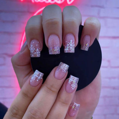 Picture of 24 Pcs Christmas Press on Nails Medium Square Pink Fake Nails White Snowflake Pattern Glitter Designs French Nails Glossy Full Cover Christmas Nails Stick on Nails for Women ＆ Girls Artificial Nails
