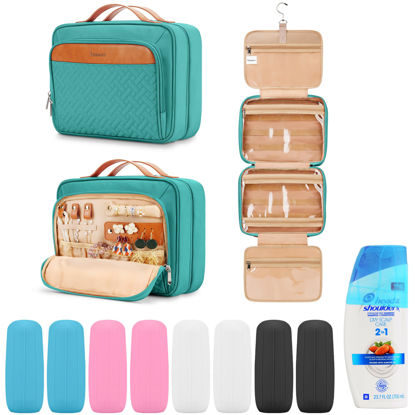 Picture of Travel Hanging Toiletry Bag for Women and Men, with 8 Leak Proofing Silicone Bottle Covers, Waterproof Makeup Accessories, Cosmetic Essentials, Toiletries Dopp Kit Set with Jewelry Organizer, Blue