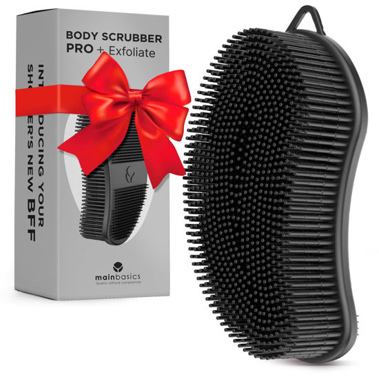 Picture of MainBasics Exfoliating Silicone Body Scrubber Pro 2-in-1 Shower Scrubber for Body, Silicone Loofah and Body Exfoliator (Black, Body + Exfoliate)