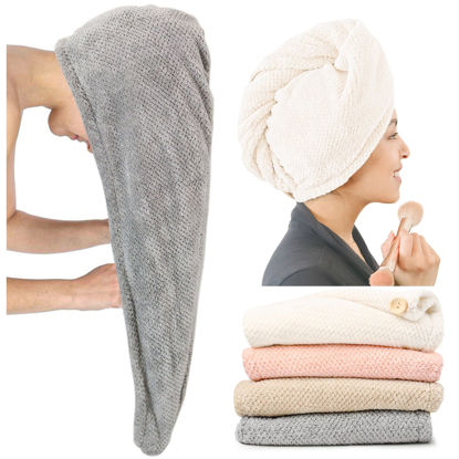 Picture of ROLSHOL Extra Large 4 Pack Microfiber Hair Towel Wrap for Women Super Absorbent & Quick Dry Hair Drying Towels with Button, Hair Turbans for Curly Hair Long & Short Hair - Anti-Frizz
