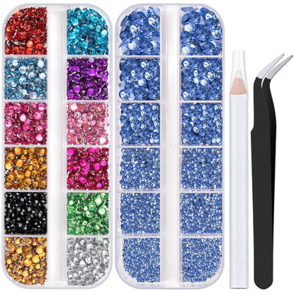 Picture of Two Packs of Flatback Rhinestones 4520 Pcs Colorful Nail Art Rhinestones Flatback Crystal Colorful+Sky Blue Rhinestone with Picker Pencil and Tweezer For Nail Art and Decoration