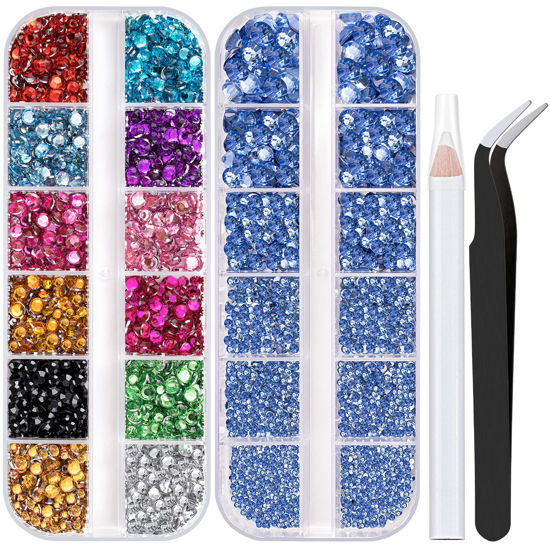 Picture of Two Packs of Flatback Rhinestones 4520 Pcs Colorful Nail Art Rhinestones Flatback Crystal Colorful+Sky Blue Rhinestone with Picker Pencil and Tweezer For Nail Art and Decoration