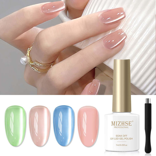 Picture of MIZHSE Moonlight Cat Eye Gel Nail Polish, Magnetic Gel Polish Set with Sheer Pink Nail Gel and 1 Magnet Stick, Glossy Effect Nail Gel Green Blue Pink Soak Off UV/LED Nail Art Salon Manicure Home Gift