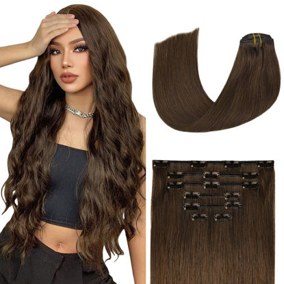 Picture of Clip in Human Hair Extensions 115G Medium Brown 100% Real Human Hair Clip in Extensions Soft Silky Straight 7pcs 16clips One Pack(22 Inch #4)