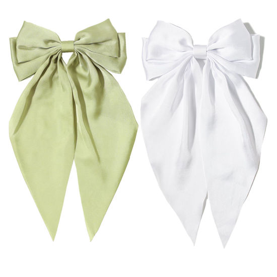 Picture of Furling Pompoms Hair Bows Clips for Women,White Bows Clip for Hair Green Bows Hair Barrette Spring Clips Long Tail Alligator Clips Bow Hair Accessories 2pcs