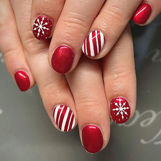 Picture of Christmas Press on Nails Short Square Fake Nails Xmas Red Glitter False Nails With Snowflake Nails Glossy Full Cover Stick on Nails Acrylic Winter Artificial Nails for Women Glue on Nails 24 Pcs