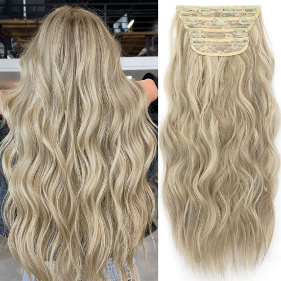 Picture of KooKaStyle Clip in Synthetic Highlight Hair Extensions Long Wavy 4PCS Thick Hairpieces Ash Brown mix Platinum Blonde Fiber Double Weft Natural Hair Extensions 20 Inch for Women