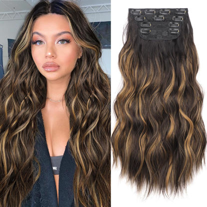 Picture of KooKaStyle Clip in Synthetic Hair Extensions Long Wavy 4PCS Black&Dark mix light brown Fiber Double Weft Natural Hair Extensions 20 Inch for Women