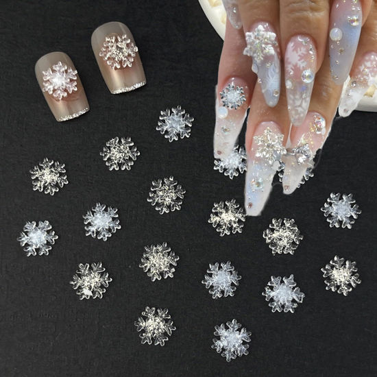 Picture of 100pcs Snowflake Nail Art Decorations Christmas Iridescent Nail Art Charms White Transparent Snowflake Nail Supplies Mini Flatback Snow Shape Nail Art Accessories for Women Girls Manicure Decoration