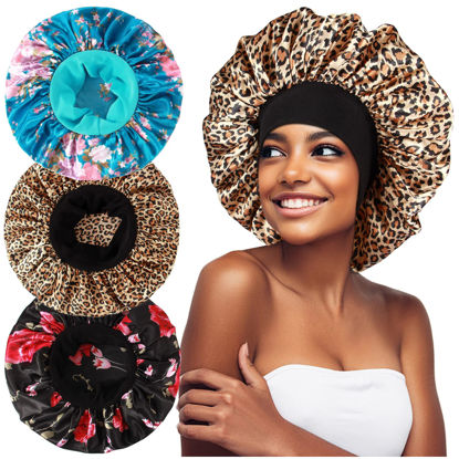 Picture of 3PCS Extra Large Satin Bonnets for Sleeping, Hair Bonnets for Black Women Braids Curly Hair, D