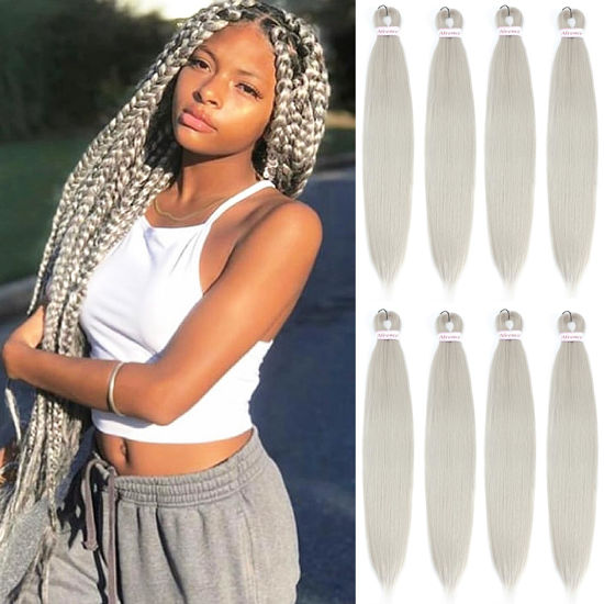 Picture of Alrence Pre Stretched Braiding Hair Long Braid 30 Inch 8 Packs Professional Braiding Hair Extensions Synthetic Crochet Twist Braids (30 Inch, Silver)