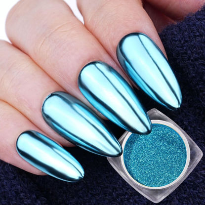 Picture of PrettyDiva Cyan Chrome Nail Powder, Snowflake Blue Chrome Nail Powder Metallic Mirror Powder for Nails Glitter Pigments Powder for Winter Holiday Nail Art Decoration