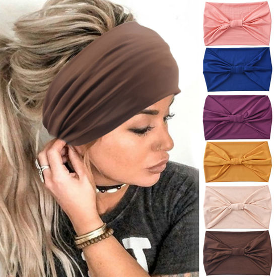 Picture of Yeshan Wide Headbands for Women No Slip African Boho Headbands Solid Bandana Headbands Elastic Yoga Workout Sweat Bands Running Sport Turban Knotted Headwraps,Pack of 6