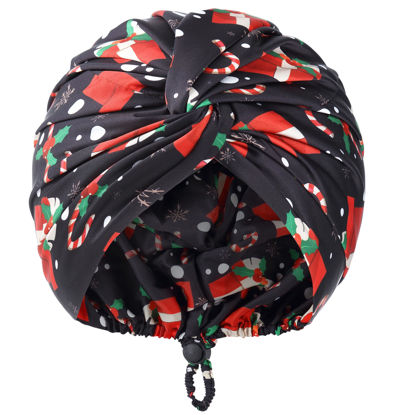 Picture of Silk Satin Sleeping Bonnet Women: Christmas Gift Stocking stuffers Cap - Hair Care - Holiday Gifts Exchange Ideas - Christmas Black