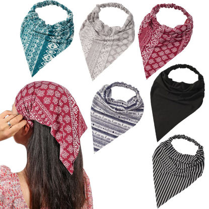 Picture of 6 Pack Hair Scarf Headband for Women - Elastic Hair Kerchief Boho Triangle Bandana Head Scarf with Clips Non Slip Headbands Scarves for Girls