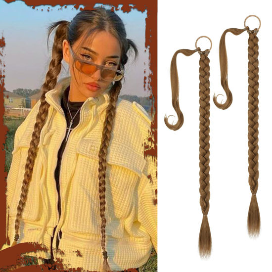 Picture of Sofeiyan Long Braid Ponytail Extension with Hair Tie Straight Sleek Wrap Around Hair Extensions Braid Pony Tail Fluffy Natural Soft Synthetic Hairpieces for Women Daily Wear, 2Pcs 26 inch-Dark Blonde