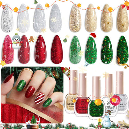 Picture of AZUREBEAUTY Nail Polish Set, 4 Colors Christmas Glitter Red Green Gold Silver Quick Dry Natural Vegan Fingernail Lacquer Strengthening Treatment Kit with Top Coat DIY Salon at Home