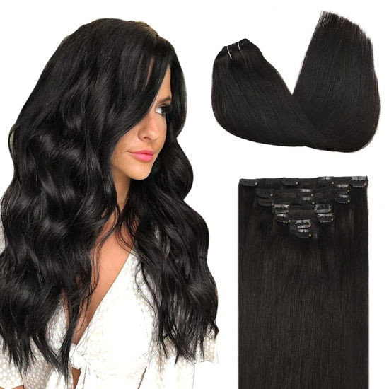Picture of DOORES Clip in Hair Extensions Natural Black Real Hair Extensions Clip in Human Hair 120g 7pcs 14 Inch Straight Natural Hair Extensions
