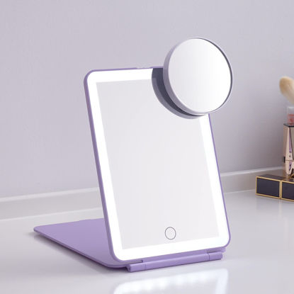 Picture of LED Foldable Travel Makeup Mirror - 5x7 inches3 Colors Light Modes USB Rechargeable Touch Screen, Portable Tabletop Cosmetic Mirror for Travel, Cosmetic, Office (Violet)