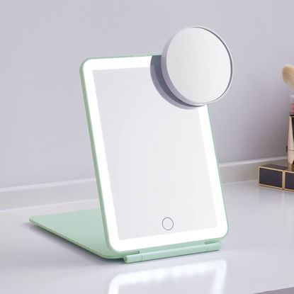 Picture of LED Foldable Travel Makeup Mirror - 5x7 inches3 Colors Light Modes USB Rechargeable Touch Screen, Portable Tabletop Cosmetic Mirror for Travel, Cosmetic, Office (Green)