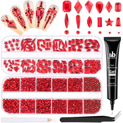 Picture of 3220Pcs Red Glass Nail Rhinestones 120Pcs Multi Shapes Flatback Nail Gems + 3100Pcs 1.5-4mm Round Crystal with Rhinestones Glue Gel, Manicure Nail Charms Diamond Gemstones for Nail Art