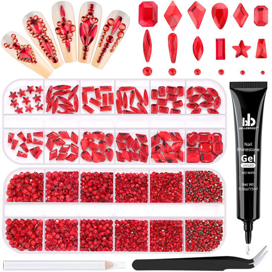 Picture of 3220Pcs Red Glass Nail Rhinestones 120Pcs Multi Shapes Flatback Nail Gems + 3100Pcs 1.5-4mm Round Crystal with Rhinestones Glue Gel, Manicure Nail Charms Diamond Gemstones for Nail Art