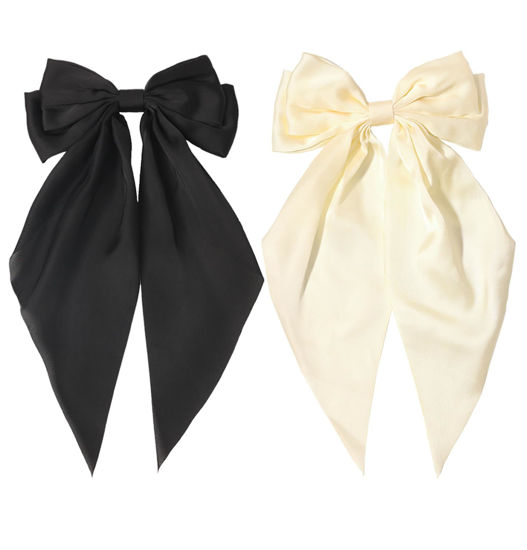 Picture of Furling Pompoms Hair Clip Hair Bows, 2pcs Beige/Black Satin Big Hair Bows for Women & Girls, Hair Barrettes with Alligator Clips, Hairpins for Long Tails, Hair Accessories