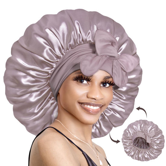Picture of BONNET QUEEN Silk Bonnet for Sleeping Satin Bonnet Hair Bonnet Braid Bonnet Double Layer Tie Bonnet Night Hair Wrap for Women Curly Hair Grey Purple