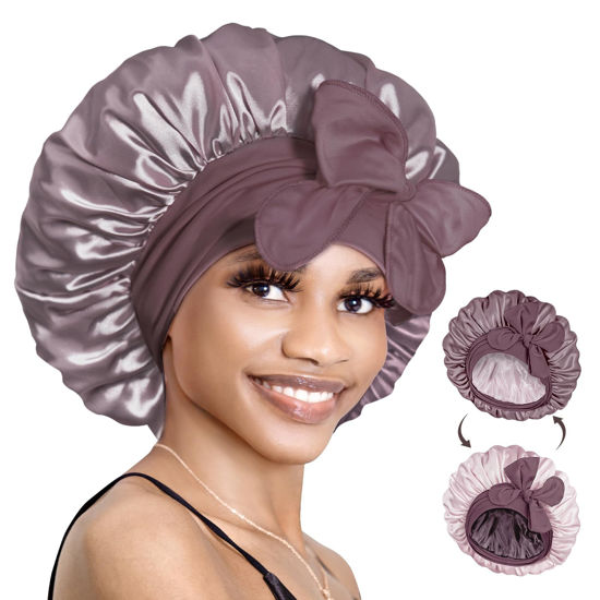 Picture of BONNET QUEEN Silk Bonnet for Sleeping Women Hair Bonnet Reversible Double Layer Satin Bonnet Tie Bonnet Sleep Satin Hair Wrap Night Cap for Curly Hair Tan Pink
