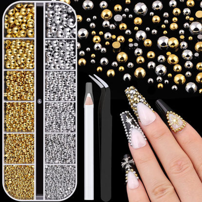 Picture of Flatback Pearls Glue Gel for Nail Art, Half Round Nail Gold Silver Pearls with Pickup Pencil and Tweezers, Pearls Nail Charms Luxurious Accessories for Acrylics Manicure Face Hair Crafts Decor