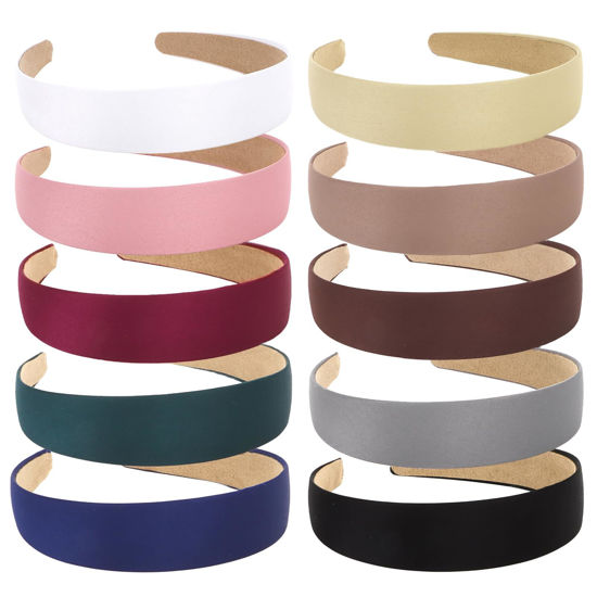 Picture of Wecoe 10 Pack Satin Headbands - 1.3 Inch Wide Assorted Colors (White, Blue, Pink, Red, Green, Brown, Khaki, Natural) Non-Slip Fashion Hair Accessories for Women, Girls & DIY Holiday Costumes
