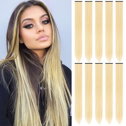 Picture of TOFAFA 22 inch Colored Hair Extensions, Multi-colors Party Highlights Clip in Synthetic Hair Extensions, Color Party Highlights Hairpieces for Girls Women(10 PCS Blonde)
