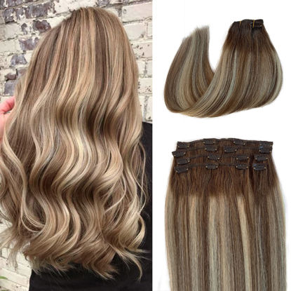 Picture of 70g Clip in Extensions Platinum Blonde Highlighted Chocolate Brown Ombre Hair Extensions Real Human Hair 18 Inch Double Weft Full Head Balayage Brown Hair Extensions Clips ins 7 Pieces