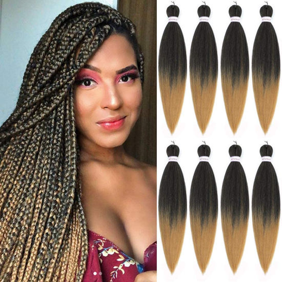 Picture of Alrence Pre Stretched Braiding Hair Long Braid 16 Inch 8 Packs Professional Braiding Hair Extensions Synthetic Crochet Twist Braids (16 Inch,T1B/27)